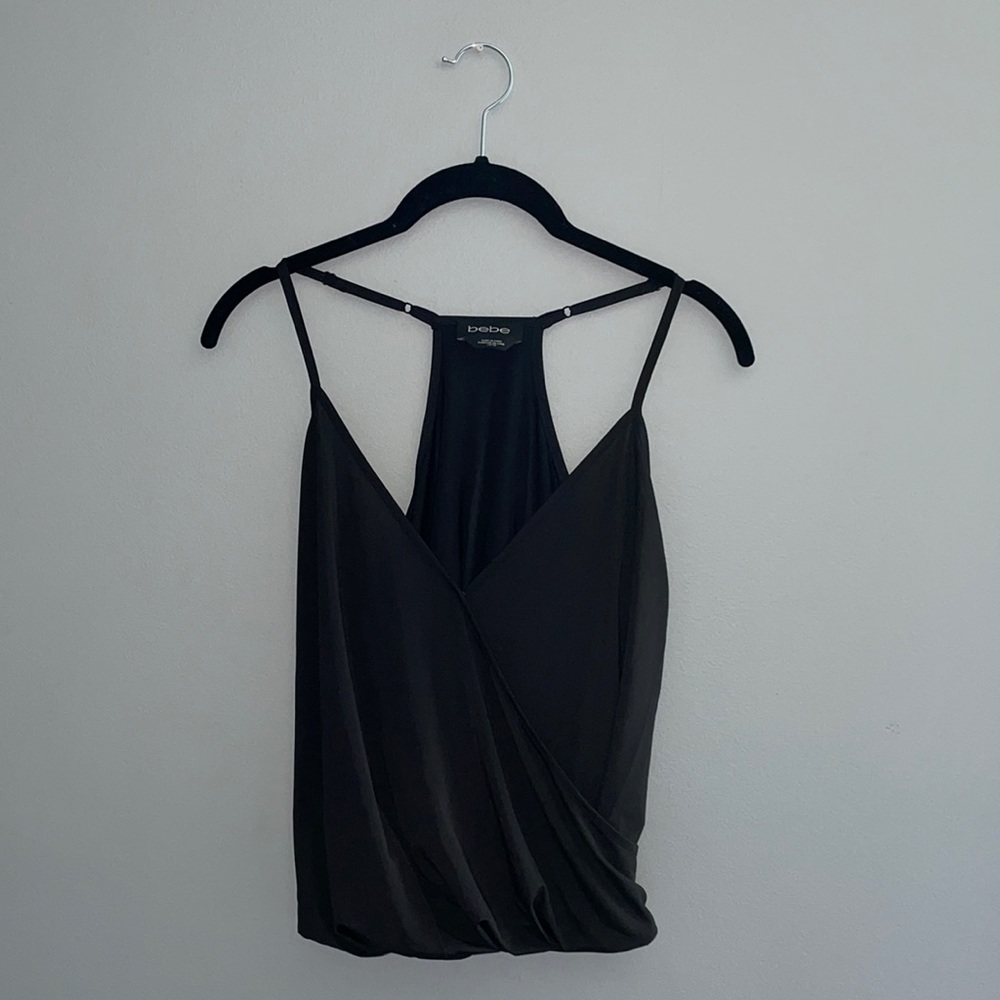 NWOT BEBE Black Spaghetti Strap Synched Blouse